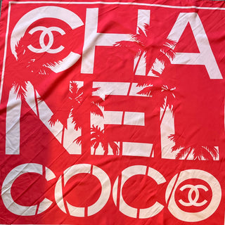 CHANEL Logo Palm Tree Multicolor Silk Print Scarf