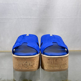 HERMES Eze 30 Bleu Ocean Suede Goatskin Cork Sandals SZ38(8US)