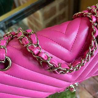 CHANEL Double Flap Medium Dark Pink Lambskin Chevron Quilted Shoulder Bag