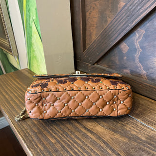 VALENTINO Brown Embroidered Leather Rockstud Crossbody