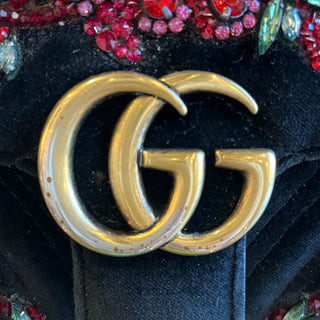 GUCCI Marmont Small Flower Embellished Black Velvet Shoulder Bag