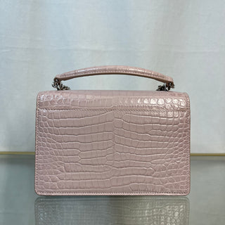 SAINT LAURENT Sunset Wallet on Chain Croc Embossed Pink