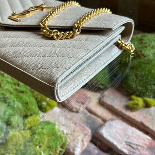 SAINT LAURENT Classic Cassandre Chain Dark Beige Grain De Poudre Leather Crossbody