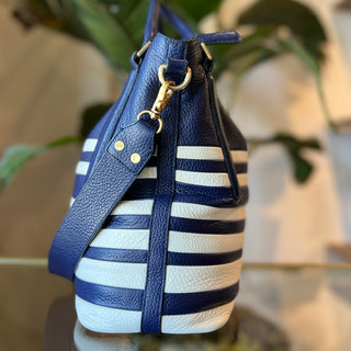BRAHMIN Shoulder Bag Navy Blue Striped Leather Shoulder Bag