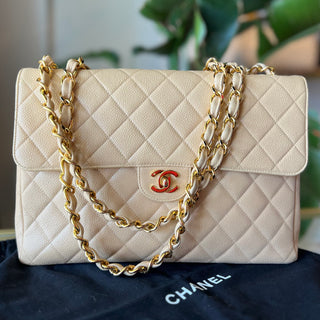 CHANEL Vintage Square Jumbo Beige Caviar Single Flap Shoulder Bag