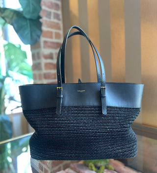 SAINT LAURENT Buckle East West Black Raffia Shooper Tote