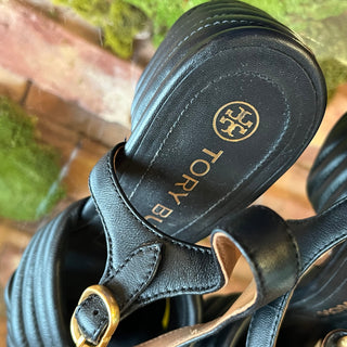 TORY BURCH Kira Black Quilted Leather Sandals Heels SZ8