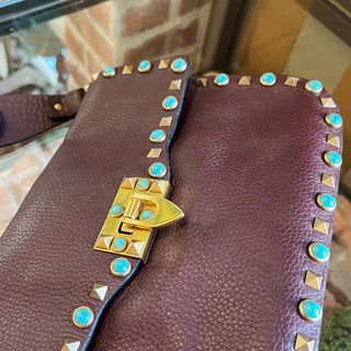 VALENTINO GARAVANI Maroon Rockstud Rolling Guitar Strap Crossbody Bag