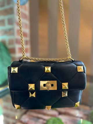 VALENTINO Black Roman Leather Rockstud Shoulder Bag