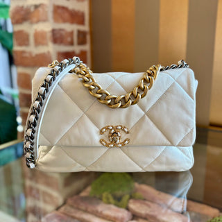 CHANEL 19 Large White Goatskin Leather Quilted Shoulder Bag
