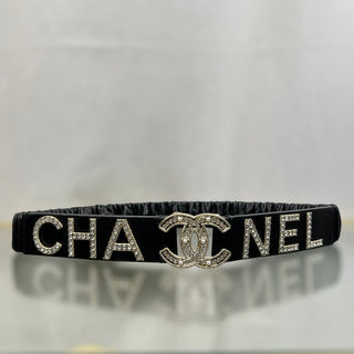 CHANEL Black Calfskin Leather Ruched Crystal CC Logo Belt SZ70/28