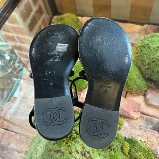 CHANEL Black Leather Strappy Flat Sandals Quilted Crystal CC Logo Ankle Strap SZ 36