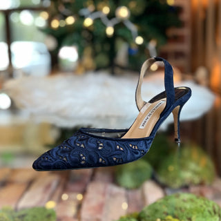 MANOLO BLAHNIK Carolyne Blue Embroidered Sling Back Pumps SZ38(8US)