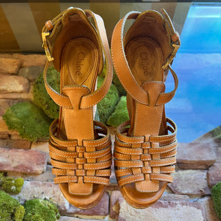 CHLOE Beige Leather Strappy Wedges SZ 38 (US 8)