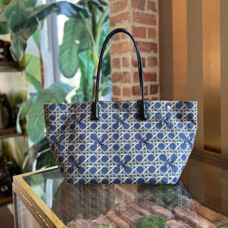 TORY BURCH Blue Basket Weave Print Nylon Tote