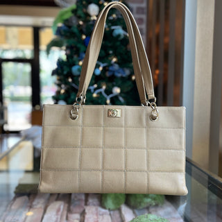 CHANEL Chocolate Bar Beige Caviar Leather Tote Bag