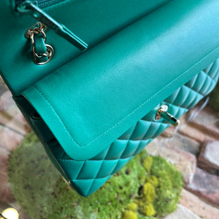 CHANEL Small Classic Double Flap Green Lambskin Quilted Shoulder Bag