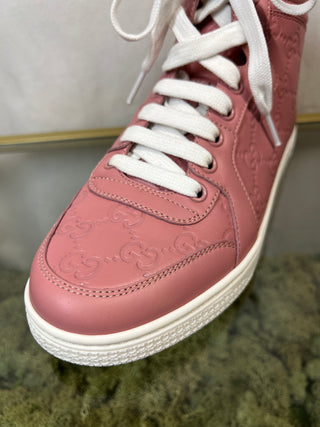 GUCCI Hightop Signature Rose Bab Pink Leather Sneakers SZ 36