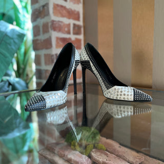 SAINT LAURENT Paris 105 Studded Black/White Leather Heels SZ 37.5 (US 7.5)
