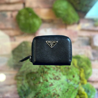 PRADA Black Saffiano Leather Mini Zip Wallet