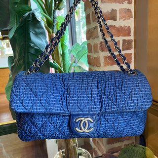 CHANEL Classic XL Textured Blue Nylon Handbag ADI1068