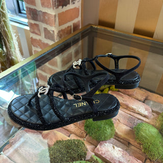 CHANEL Black Leather Strappy Flat Sandals Quilted Crystal CC Logo Ankle Strap SZ 36