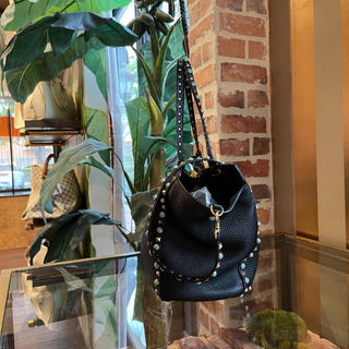 VALENTINO Small Trapeze Black Pebbled Leather Turquoise Rockstud Tote Bag