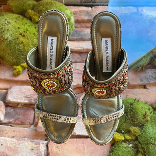 MANOLO BLAHNIK Green Leather Sequin Snake Heels SZ 36.5 (US 6.5)