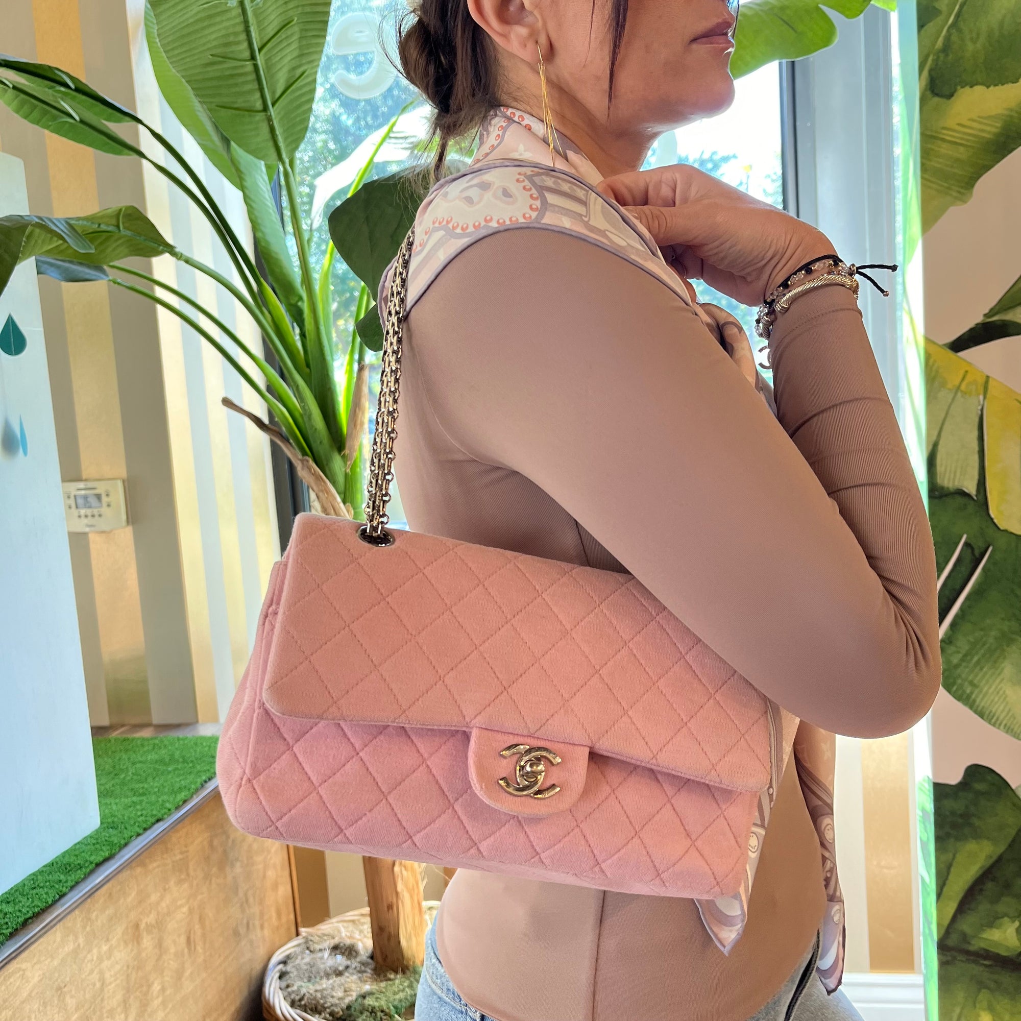 CHANEL Pink Jersey Quilted Medium Double Flap