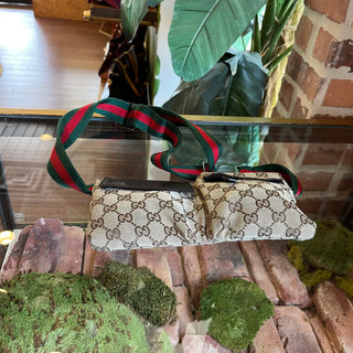 GUCCI Beige Brown GG Web Canvas Double Pocket Belt Bag