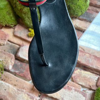 GUCCI Web Stripe Black Leather Thong Sandals SZ 37.5 (US 7.5)