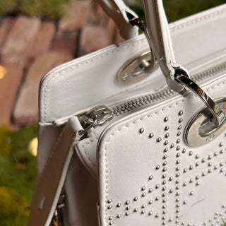 DIOR Lady Dior East West White Calfskin Leather Studded Tote Bag
