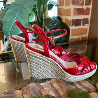 GUCCI Penelope Microguccissima Red Patent Leather Espadrille Wedges Size 40