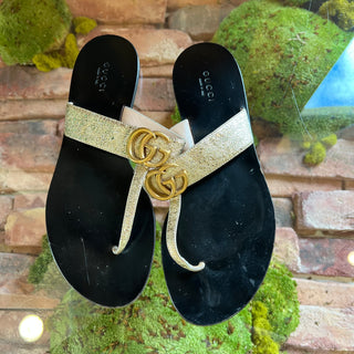 GUCCI Aged Leather GG Marmont Thong Sandals SZ38.5(8.5US)