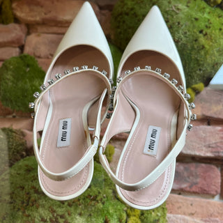 MIUMIU White Crystal Strap Patent Leather Slingback Heels SZ38(8US)