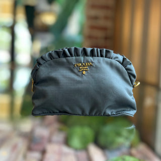 PRADA Gray Nylon Ruffle Cosmetic Pouch