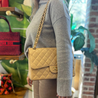 CHANEL Classic Jumbo Double Flap Beige Quilted Caviar Shoulder Bag