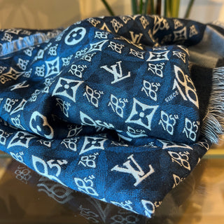 LOUIS VUITTON "Since 1854" Blue Silk/Wool Scarf