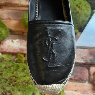 SAINT LAURENT Black Lambskin Leather YSL Espadrilles SZ 37.5 (US 7.5)