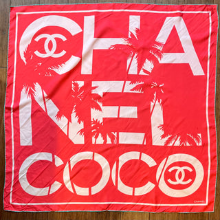 CHANEL Logo Palm Tree Multicolor Silk Print Scarf