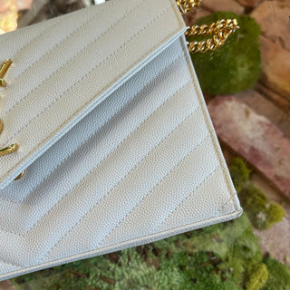 SAINT LAURENT Classic Cassandre Chain White Grain De Poudre Leather Crossbody