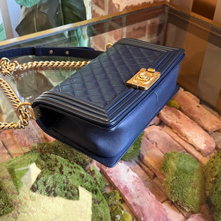 CHANEL Dark Navy Boy Bag Medium Calfskin Shoulder Bag