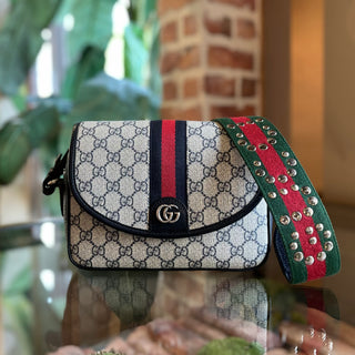 GUCCI Ophidia Mini GG Supreme Monogram Textured Dollar Calfskin Web Studded Flap Crossbody
