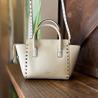 VALENTINO Trapeze Small White Calfskin Leather Rockstud Tote