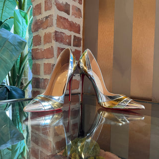 LOUBOUTIN Eklectica 85 Silver/Gold Patent Leather Pumps SZ 38.5 (US 8.5)
