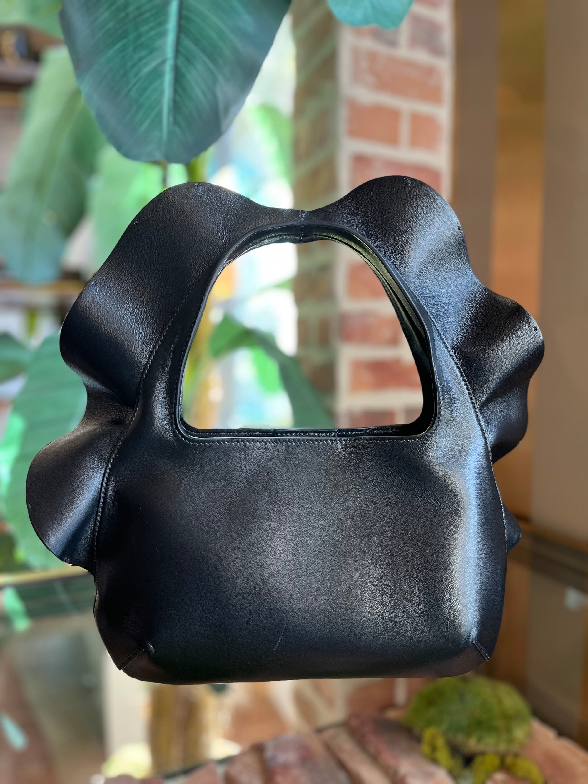 VALENTINO Atelier Ruffle Black Leather Shoulder Bag