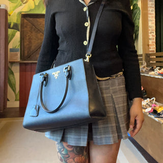 PRADA Small Convertible Open Navy Blue Saffiano Leather Tote Bag