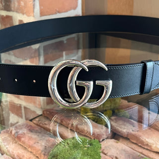Gucci GG Marmont Wide Belt (Silver) GG Marmont wide belt in black leather | GUCCI® SI main image 2