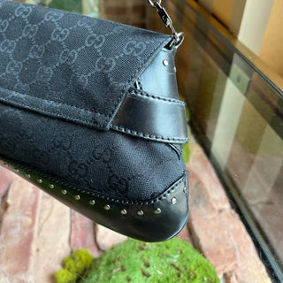 GUCCI Horsebit East-West Pochette Black GG Monogram Canvas Shoulder Bag