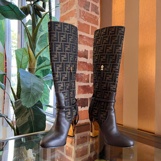 FENDI Zucca Brown/Black Canvas Boots SZ 36.5 (US 6.5)